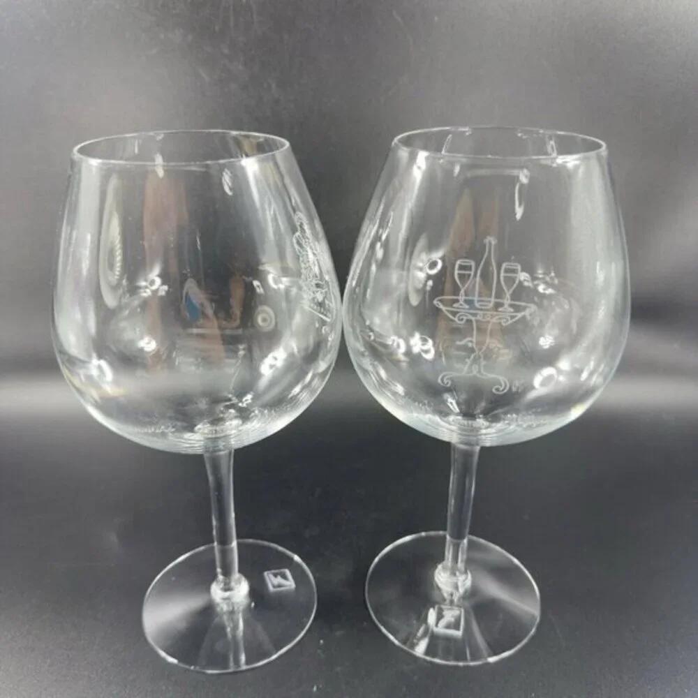 Robert Neubecker Flemings Signature Clear‎ Wine Glasses Cup Etched Barware Set 2